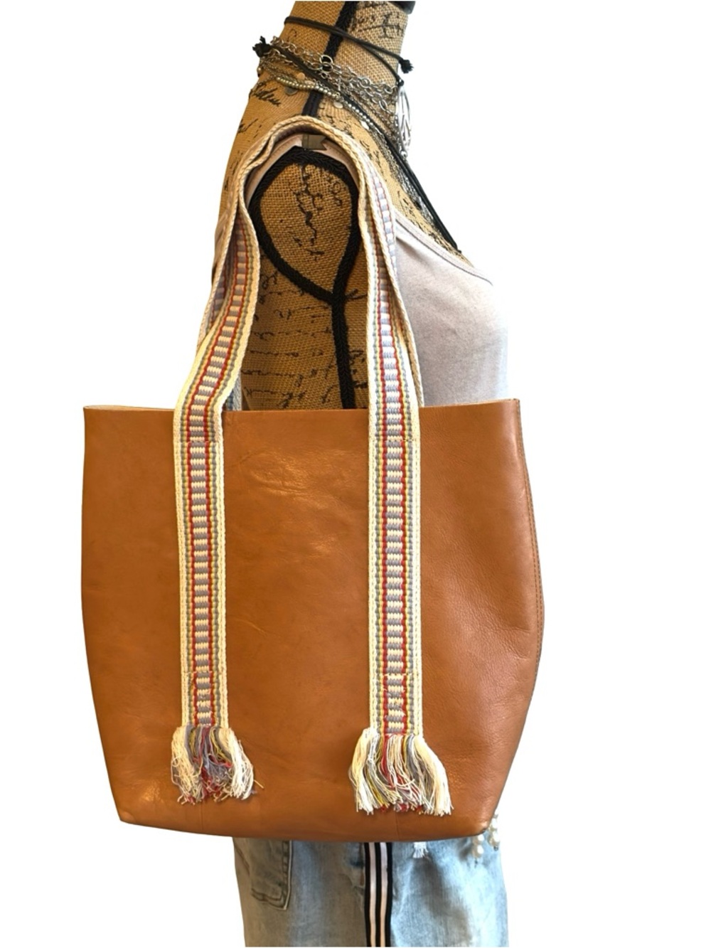 Madewell Transport Tote Tan Leather With Woven Handles Boho Detachable Strap - Picture 9 of 10